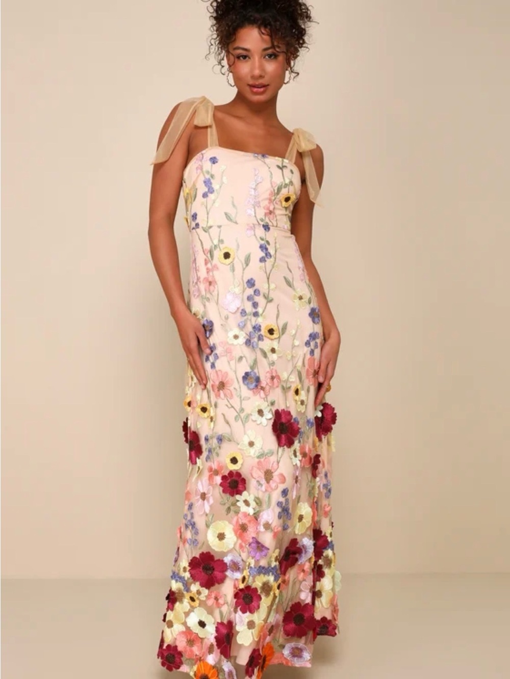 Lulu's Cream Maxi Dress with Multicolor Floral Embroidery and Tie Straps